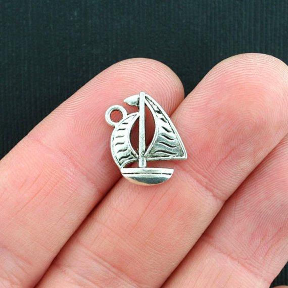 8 Sail Boat Antique Silver Tone Charms 2 Sided - SC3709