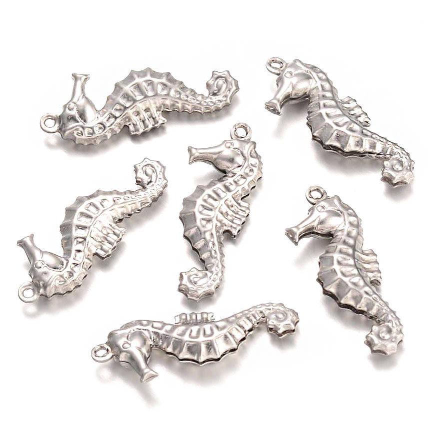 8 breloques en acier inoxydable ton argent hippocampe 2 faces - MT482