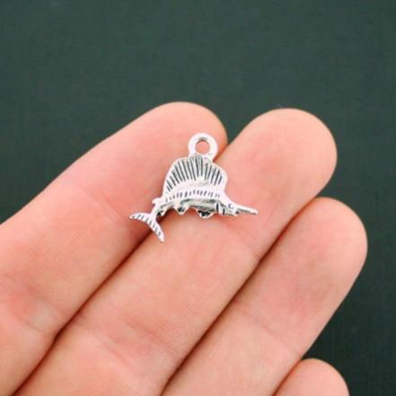 8 Swordfish Antique Silver Tone Charms 2 Sided - SC5974