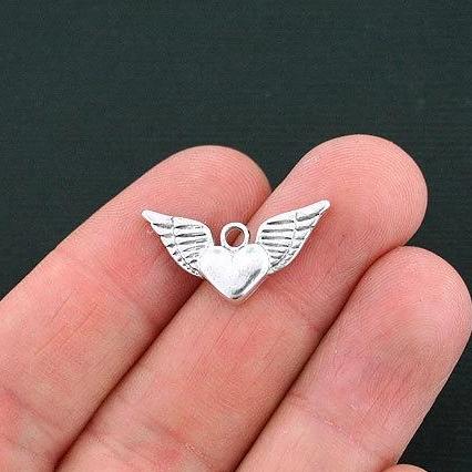 8 Winged Heart Antique Silver Tone Charms 2 Sided - SC4239
