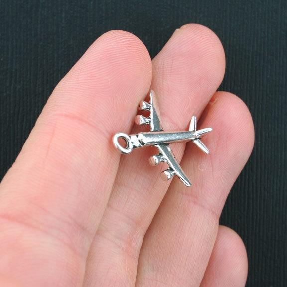 8 Airplane Antique Silver Tone Charms 2 Sided - SC3641