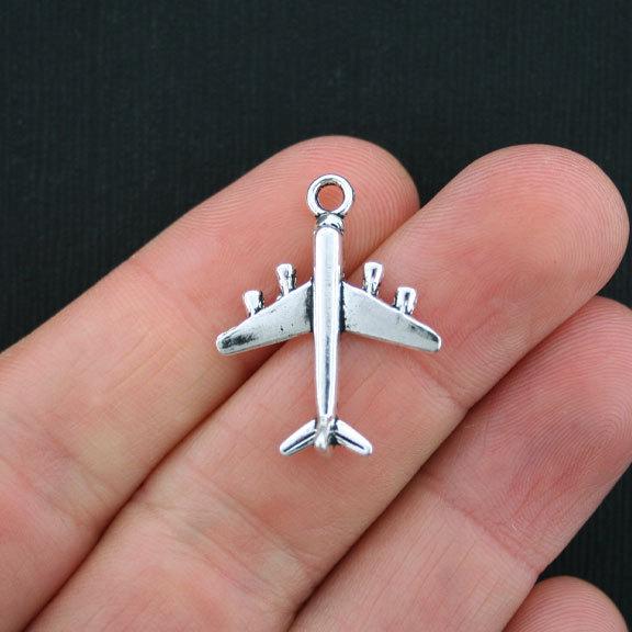 8 Airplane Antique Silver Tone Charms 2 Sided - SC3641
