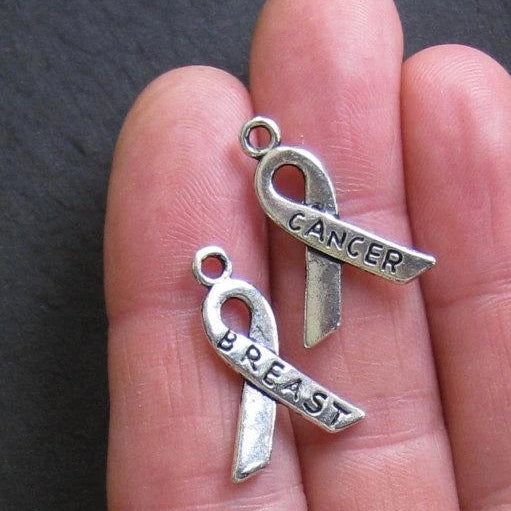 8 Breast Cancer Awareness Ribbon Charms Antique Silver Tone 2 Sided - SC041