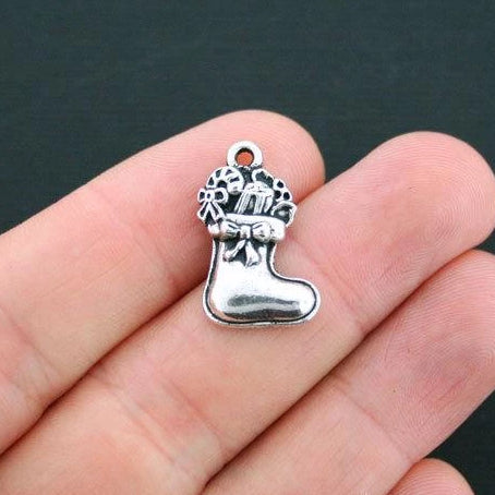 8 Christmas Stocking Antique Silver Tone Charms - XC036