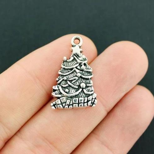 8 Christmas Tree Antique Silver Tone Charms - XC116