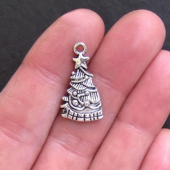 8 Christmas Tree Antique Silver Tone Charms - XC039