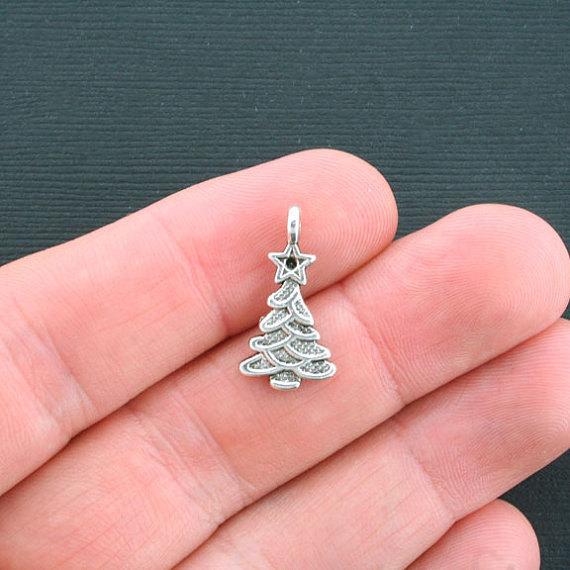 8 Christmas Tree Antique Silver Tone Charms - XC047