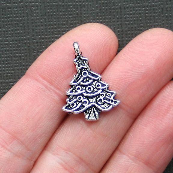 8 Christmas Tree Antique Silver Tone Charms - XC050