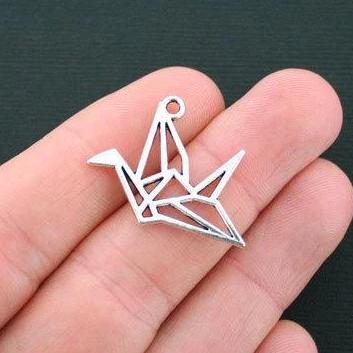 8 Origami Crane Antique Silver Tone Charms 2 Sided - SC4595