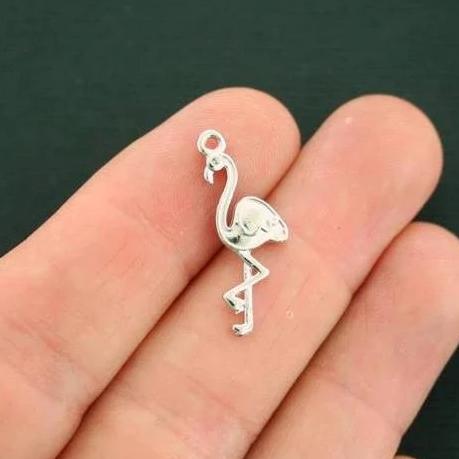 8 Flamingo Antique Silver Tone Charms 2 Sided - SC7268