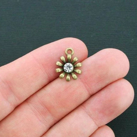 8 Flower Antique Bronze Tone Charms with Inset Rhinestone - BC1335