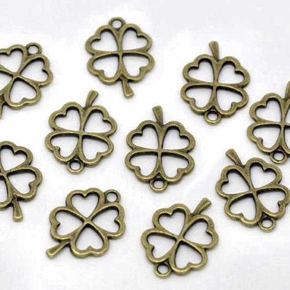 8 Four Leaf Clover Antique Bronze Tone Charms 2 Sided - BC444