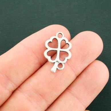 8 Four Leaf Clover Connector Antique Silver Tone Charms 2 Sided - SC6797