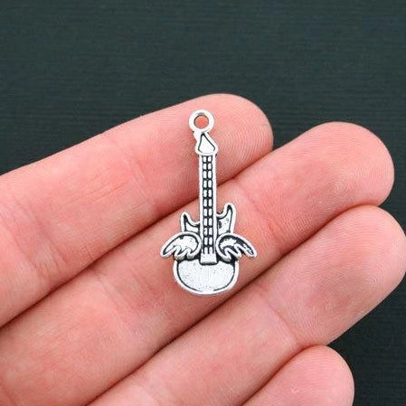 8 Guitar Angel Wing Antique Silver Tone Charms - SC284