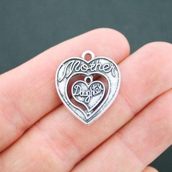 8 Mother Daughter Hearts Antique Silver Tone Charms - SC2654