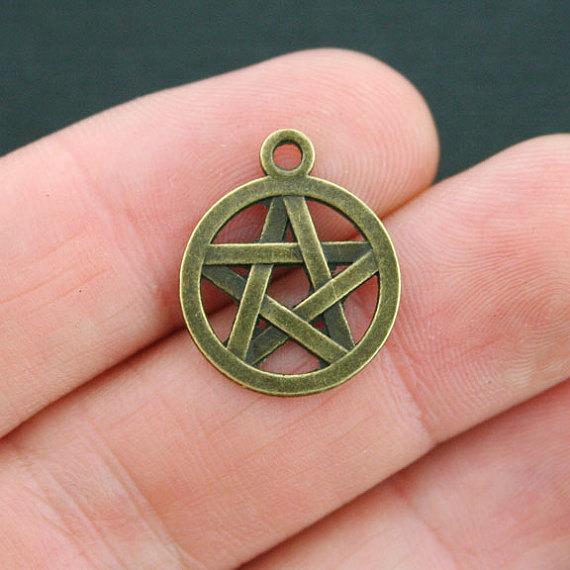 8 Pentagram Antique Bronze Tone Charms 2 Sided - BC063