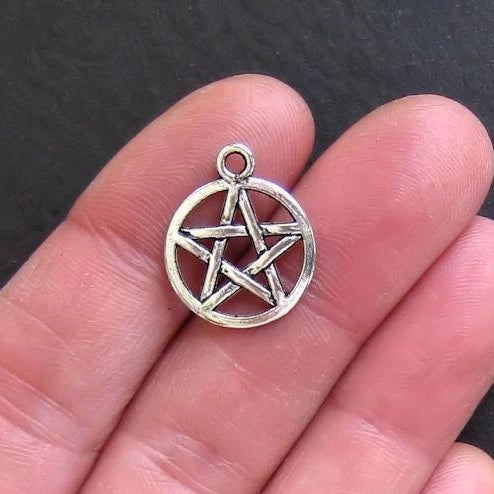 8 Pentagram Antique Silver Tone Charms 2 Sided - SC494