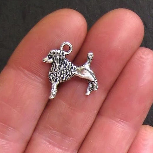 8 Poodle Dog Antique Silver Tone Charms 2 Sided - SC132
