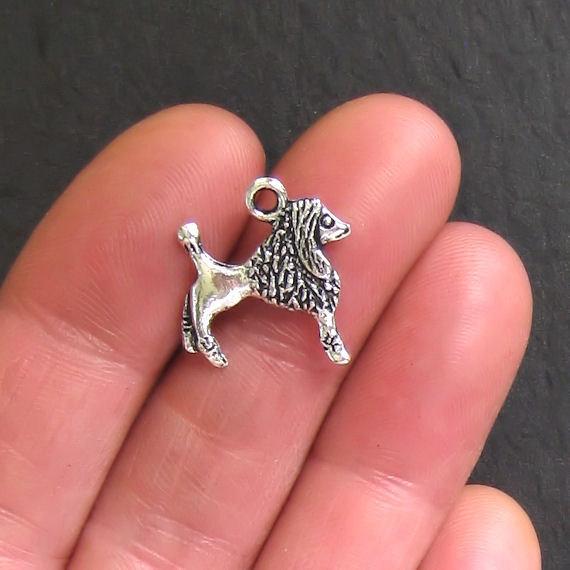 8 Poodle Dog Antique Silver Tone Charms 2 Sided - SC132