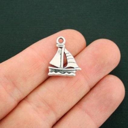 8 Sailboat Antique Silver Tone Charms 2 Sided - SC2695