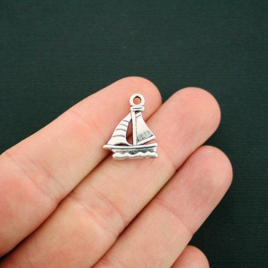 8 Sailboat Antique Silver Tone Charms 2 Sided - SC2695