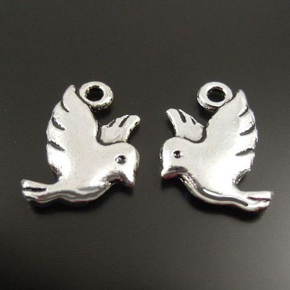 8 Bird Antique Silver Tone Charms 2 Sided - SC2504