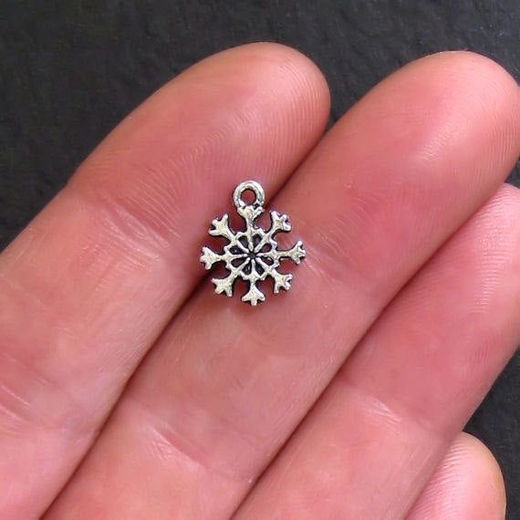 12 Snowflake Antique Silver Tone Charms 2 Sided - SC950