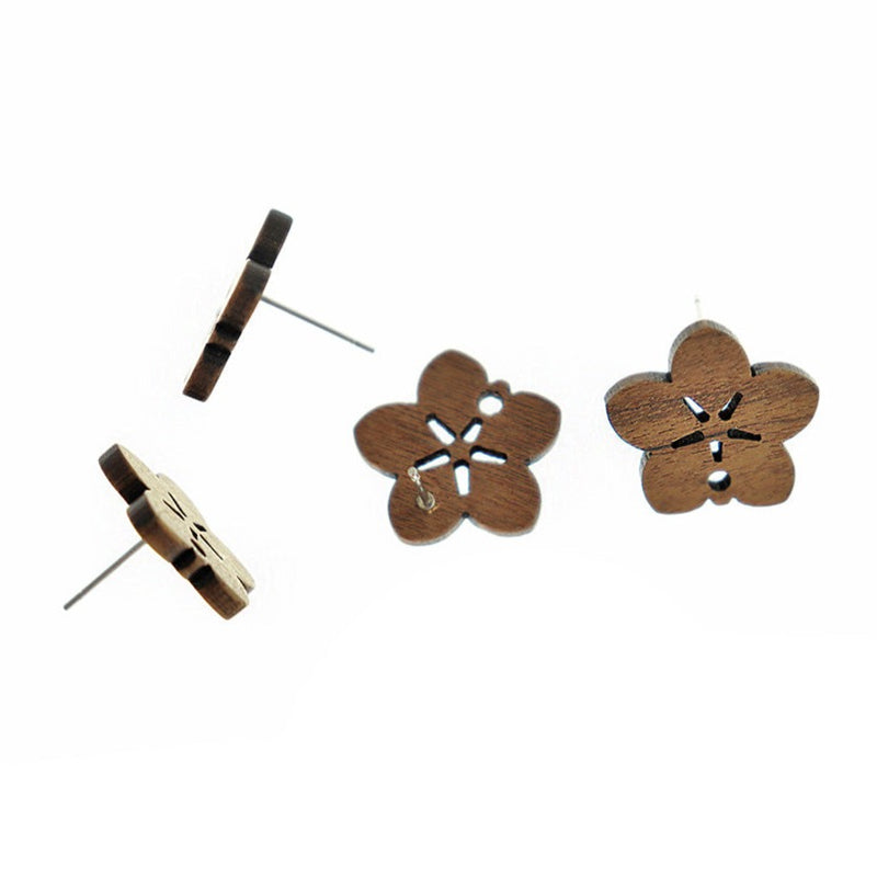 Wood Stainless Steel Earrings - Flower Studs - 18mm x 17mm - 2 Pieces 1 Pair - ER772