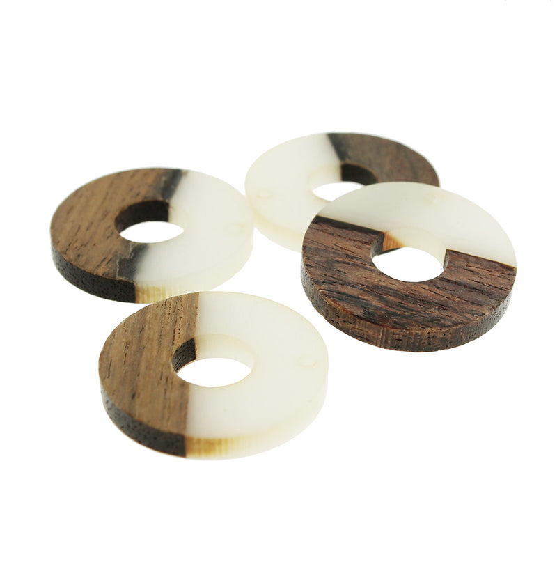 2 Round Natural Wood and White Resin Charms 28mm - WP062