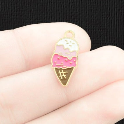 10 Ice Cream Cone Gold Tone Enamel Charms - E1281