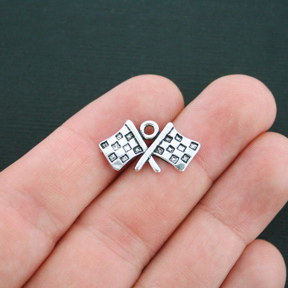 4 Checkered Flags Antique Silver Tone Charms - SC4205