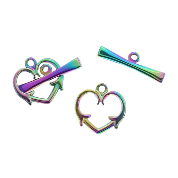 Rainbow Electroplated Stainless Steel Heart Toggle Clasps 15mm x 15.5mm - 5 Sets 10 Pieces - FD1011