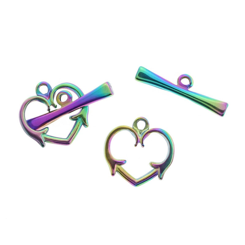 Rainbow Electroplated Stainless Steel Heart Toggle Clasps 15mm x 15.5mm - 1 Set 2 Pieces - FD1011