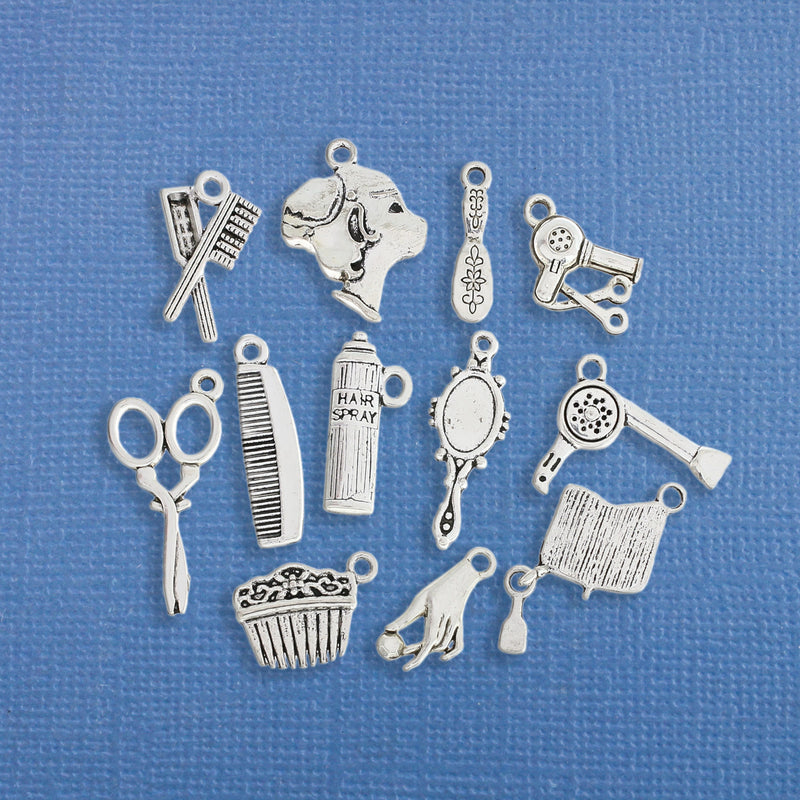 Deluxe Hair Salon Charm Collection Antique Silver Tone 12 Different Charms - COL203