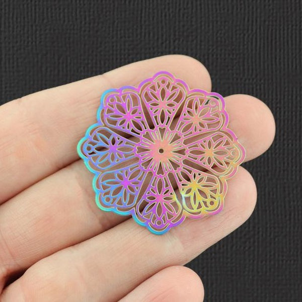 2 Lace Flower Rainbow Electroplated Stainless Steel Charms - SSP207