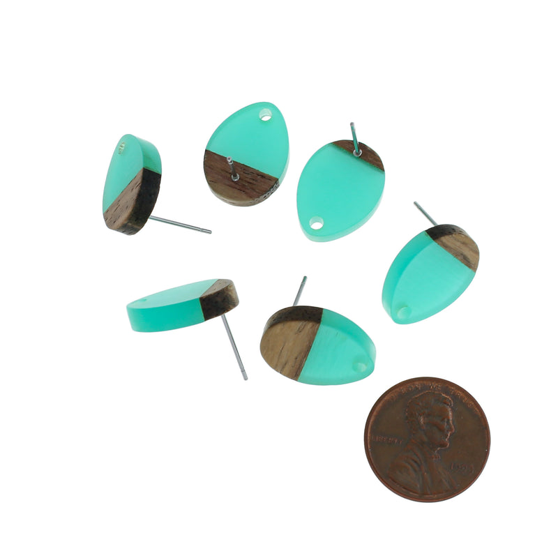 Wood Stainless Steel Earrings - Turquoise Resin Teardrop Studs - 17mm x 13mm - 2 Pieces 1 Pair - ER298
