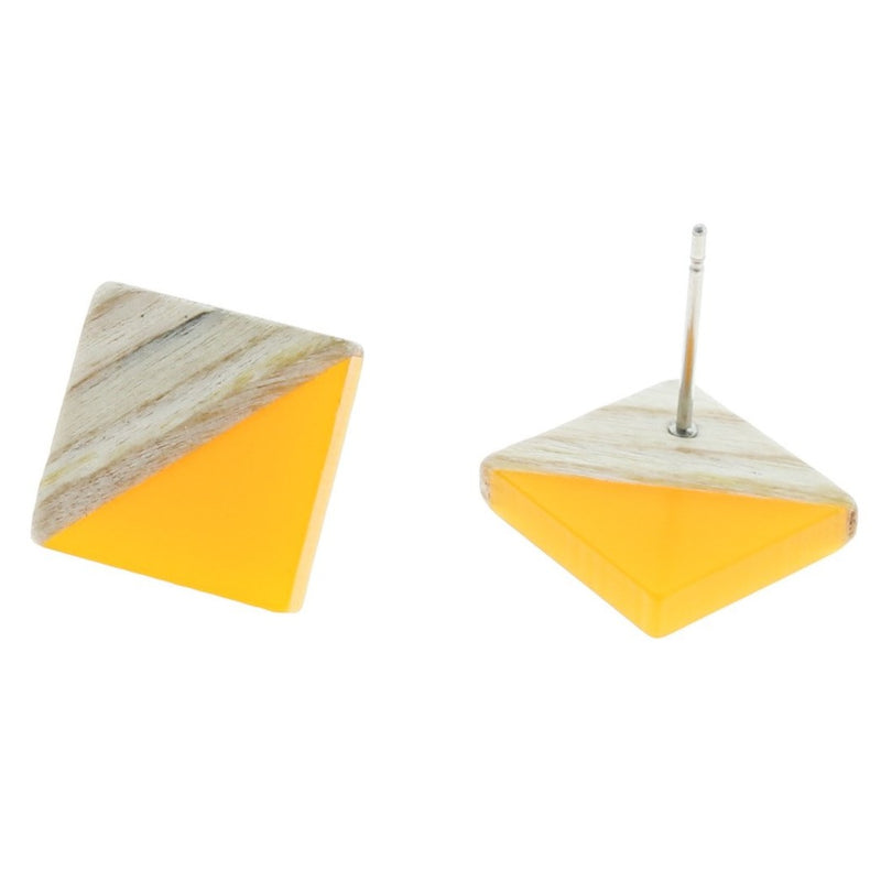 Wood Stainless Steel Earrings - Yellow Resin Rhombus Studs - 18mm x 17mm - 2 Pieces 1 Pair - ER154
