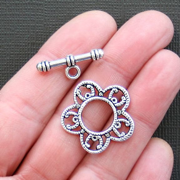 Flower Silver Tone Toggle Clasps 25mm x 25mm - 5 Sets 10 Pieces - SC2624
