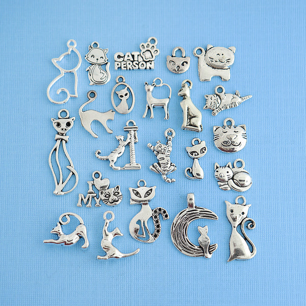 Deluxe Cat Charm Collection Antique Silver Tone 22 Different Charms - COL033