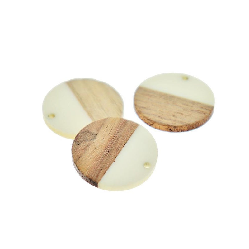 2 Round Natural Wood and White Resin Charms 28mm - WP067