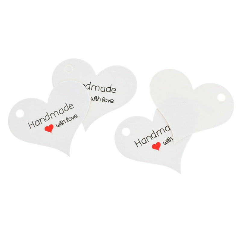 25 White Heart Paper Tags Handmade With Love Tags - TL117
