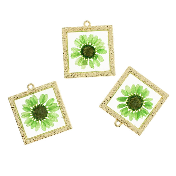 2 Green Dried Flower Gold Tone and Resin Charms - Z096-F