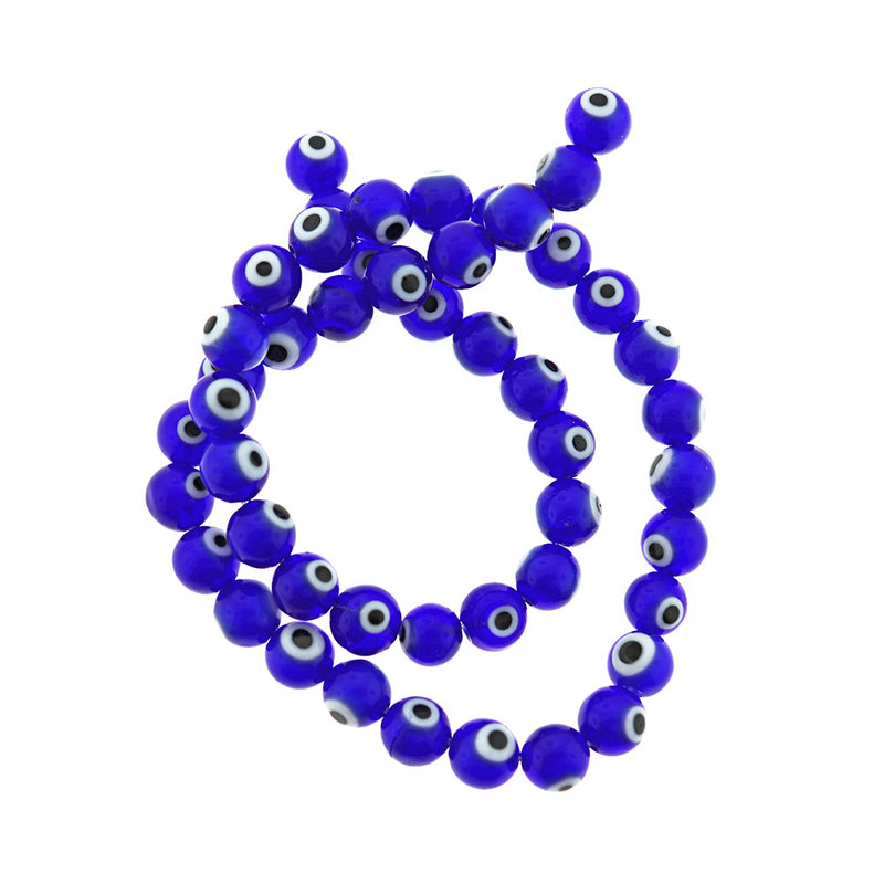 Round Glass Beads 8mm - Blue and White Evil Eye - 1 Strand 48 Beads - BD2333