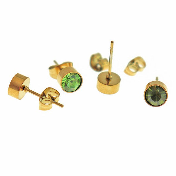 Gold Stainless Steel Birthstone Earrings - August - Peridot Cubic Zirconia Studs - 15mm x 7mm - 2 Pieces 1 Pair - ER552