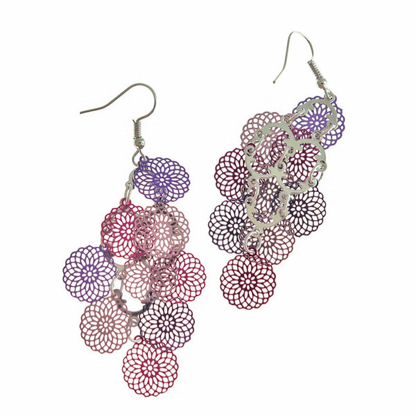 Purple Filigree Brass Dangle Earrings - Silver Tone French Hook Style - 2 Pieces 1 Pair - ER596