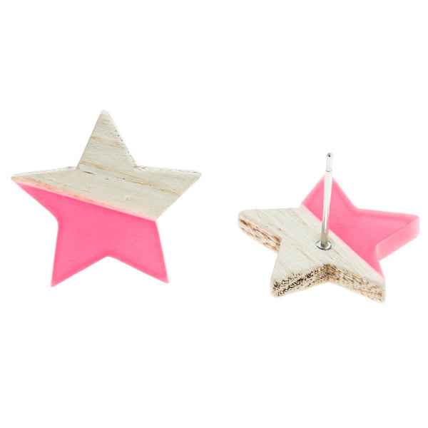 Wood Stainless Steel Earrings - Pink Resin Star Studs - 18mm x 17mm - 2 Pieces 1 Pair - ER142
