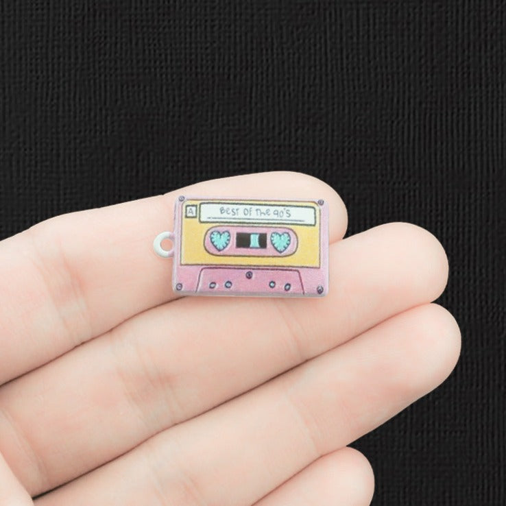 4 Pink Cassette Tape Silver Tone Enamel Charms - E1522