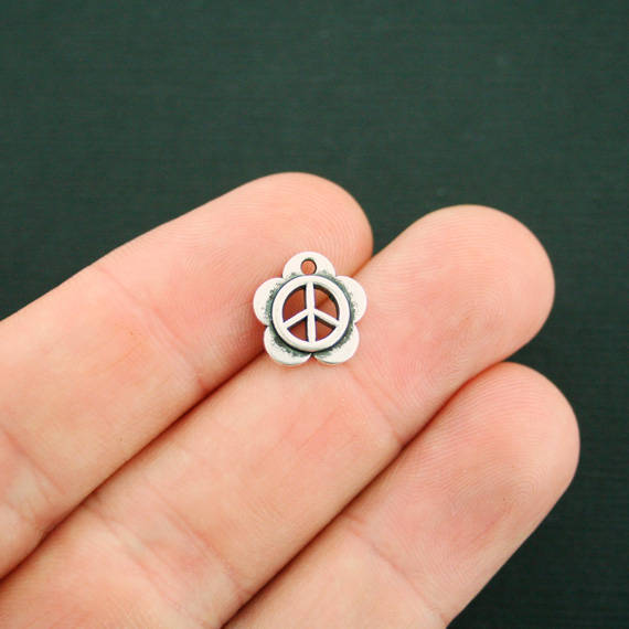 10 Peace Sign Flower Antique Silver Tone Charms - SC6381