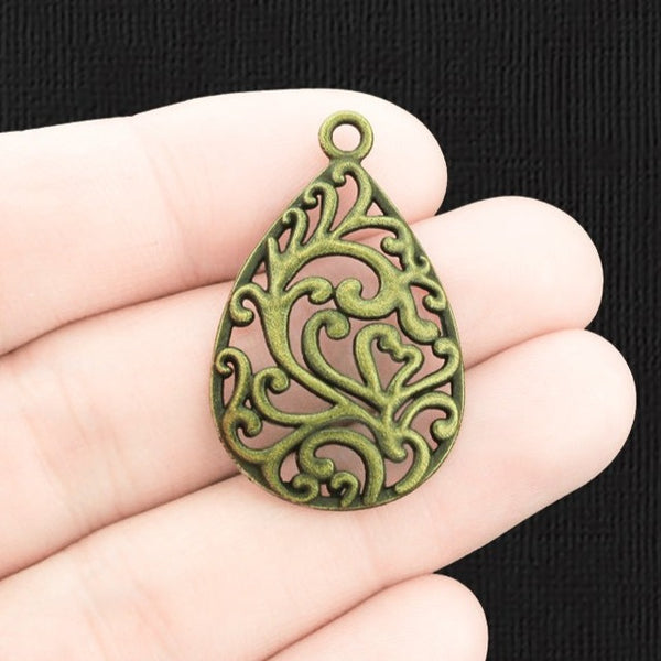 6 Filigree Drop Antique Bronze Tone Charms - BC140