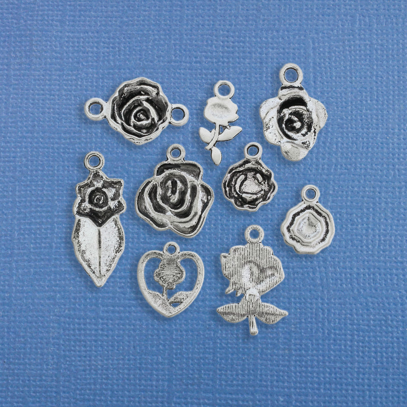 Rose Charm Collection Antique Silver Tone 9 Different Charms - COL220